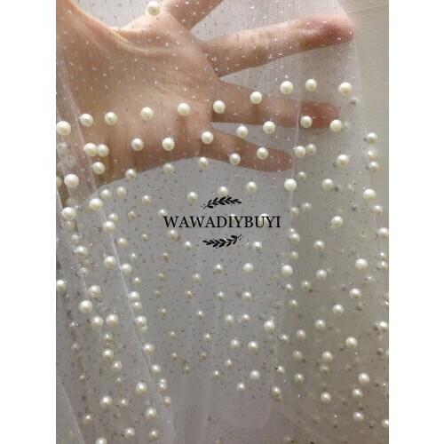 Free shipping Pearl nail bead fabric Sequins african lace fabrics wholesale for wedding dress fabric