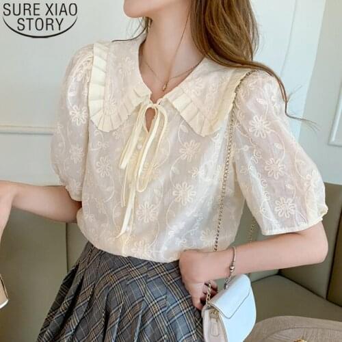 2021 Summer New Lace-Up Cotton Women Blouse Peter Pan Collar Shirt Embroidery Puff Short Sleeve Women Tops Clothes Blusas 15262