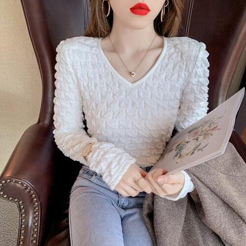 2021 Spring New Solid Tshirt Korean Pleated Top Womens Clothing Sexy V Neck Long Sleeve T-shirt Women Fashion Tee Shirt Femme
