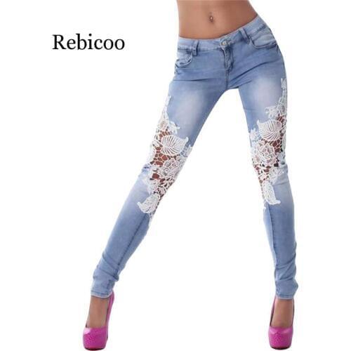 Women Ladies Lace Stitching Jeans Skinny Pencil Pants Denim Casual Trousers Distressed