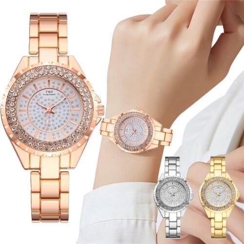 Women Casual Quartz Stainless Steel Band Women Diamonds Rhinestone Watch Fashion Stainless Steel Waterproof Luxury Golden Quart