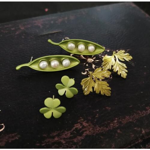 Vanssey Vintage Pea Clover Leaf Natural Freshwater Pearl Green Coating Stud Earrings Set Wedding Accessories Women For 2018 New