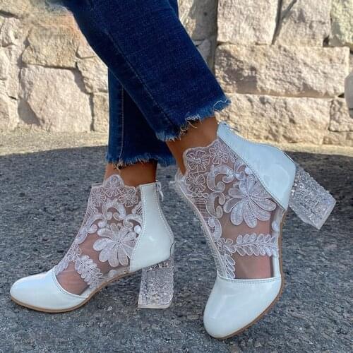 2021 New Woman Mesh Black Ankle Boots for Women Summer Square Heels Boots Sandal Ladies Round Toe Lace Boots O478