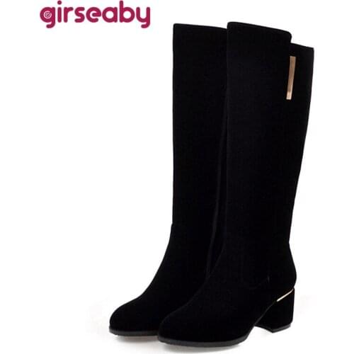 Girseaby Spring Autumn Knee High Boots Suede Round toe Rhinstone Female Zipper 2022 Chunky Square Heels Small Big 32-52 S2408