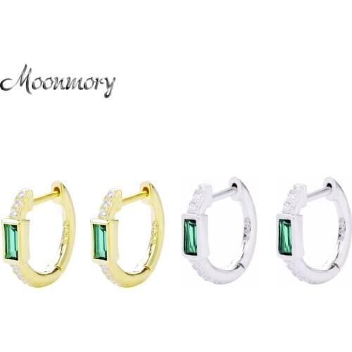 Moonmory 2020 New Design 925 Sterling Silver Green Square Zircon Huggies Hoops Top Women Rock Punk luxury Crystal Jewelry
