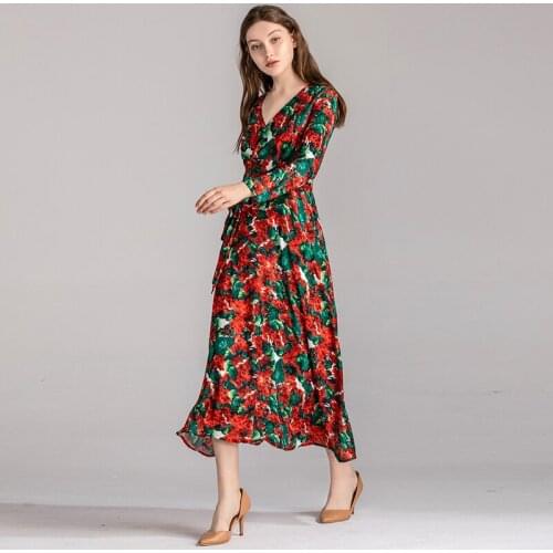 Autumn 2021 New Fashion Runway Dresses Women Elegant Floral Printed V-neck Casual Wearing Mid-Calf Dress With Sashes