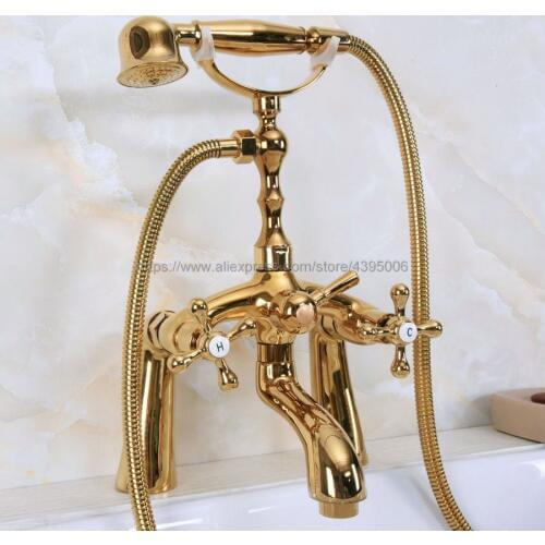 Golden Telephone Style Deck Mounted Bathroom Tub Mixer Taps Dual Handle with Hand Shower Dual Holes Bathtub Faucet Bna145