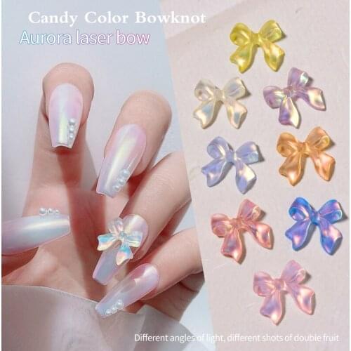 10pcs Laser Aurora Bowknot Resin Ice Transparent Nail Art Accessories Nail Decorations High Quality Nail Art
