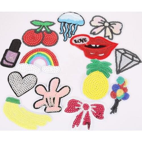 15 Pcs/set Shape Of Fruit/Rainbow/Etc Patches Iron On Embroidered Sequin Appliques Badges Sticker For DIY Clothing Accessories