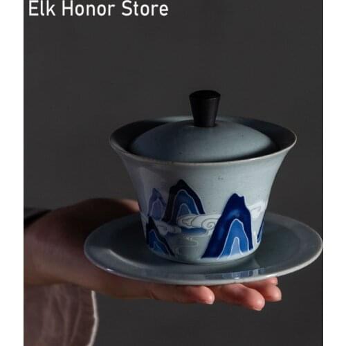 160ml Retro Vintage Mountains Gaiwan Traditional Chinese Ceramic Tea Bowl Kung Fu Tea Tureen Chinaware