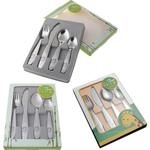 4PCS/pack 304 Stainless Steel Kid Cutlery Cartoon Pattern Carving Children Tableware Western-style Spoon Fork Set Baby Flatware
