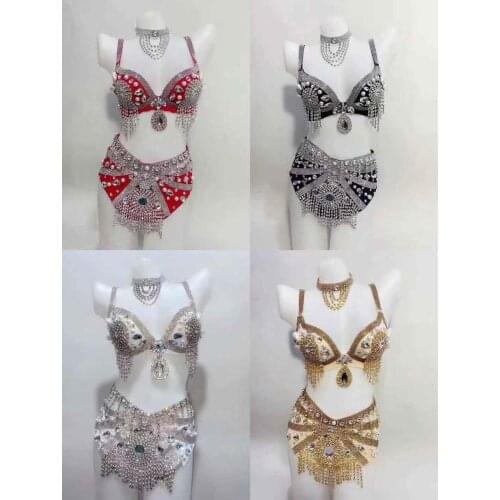 Flashing Silver Rhinestones Chain Bra Short Skirt Outfit Set Women Singer Stage Outfit Dance Prom Bar Outfit Set