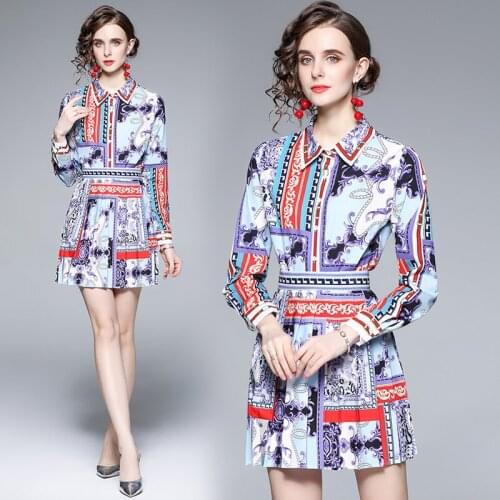 Dropshipping Spring Summer Fall 2pcs Women Casual Set Vintage Print Collar Long Sleeve Top Shirt Blouse Skirt Suits Outfits