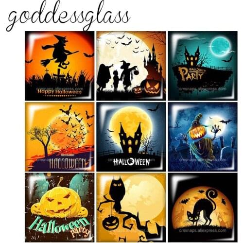 Halloween scary night Castle Witch cat Owl Square 10pcs 12mm/20mm/25mm/30mm glass cabochon flat back DIY Jewelry Findings