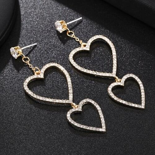 Exaggerated fashion Hollow Crystal Heart Dangle Earrings long Chic Non Pierced Earring Clips Jewelry Accessories for Women Girl