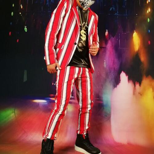Hot New Casual Blazer Men Hip Hop Stage Personality Costume Suit Male Singer Fashion Red And White Stripes Jacket Dj Slim Suits
