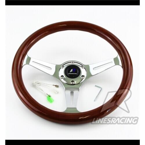 LR Universal 14" 350mm Wood Grain Steering Wheel 6 Bolts 1.75" Dish 3-Spoke Wood