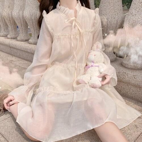 Japanese Sweet Summer Dress Women Kawaii Soft Girl Long Trumpet Sleeve Lace Princess Dresses Vestidos Mujer Casual Lolita Dress