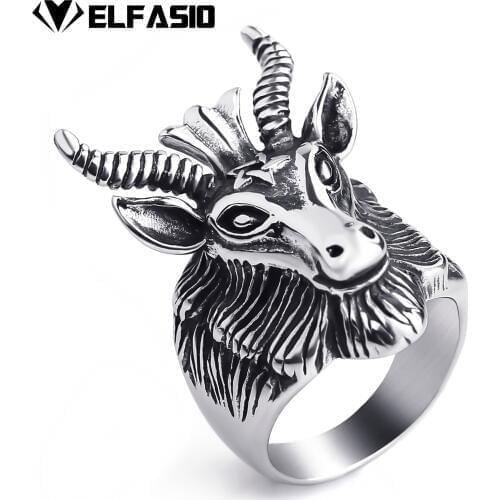Mens Stainless Steel Baphomet Ring Pentagram Goats Head Horns Occult Satan Devil Biker Jewelry Size 8-13