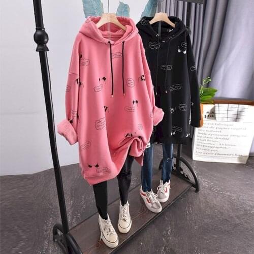 2021 New Large Size Plus Velvet Hoodies Women Loose Korean Style Autumn And Winter New Mid-length Thick Coat Womens Hooded Top