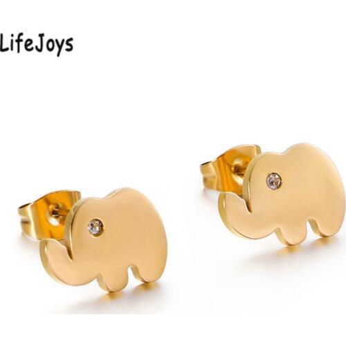 LifeJoys New Elephant Earrings Stainless Steel Small Stud Earring Zircon Jewelry For Women Rose Gold Metal Color High Polished