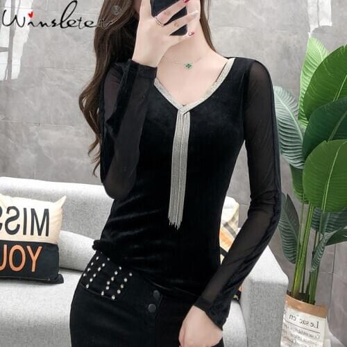 Fall Winter Clothing For Women Velvet Patchwork V-neck Diamonds Tassel Slim Long Sleeve Tops Tees For Girls T0N609A