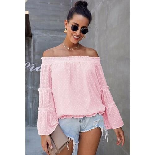 Solid Color Long-Sleeved Flare Sleeve Strapless Women Top Summer New Clothes Loose Shirt Casual Sweet Ladies Shirts Wholesale