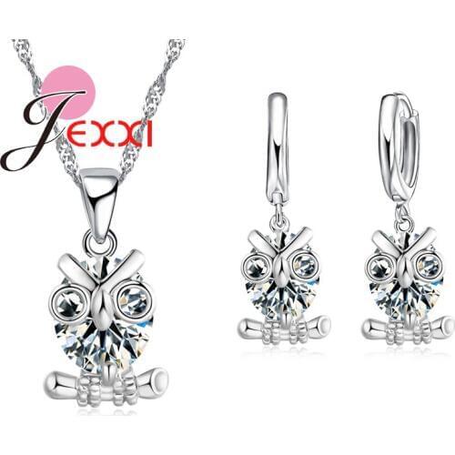 Owl On Branch Style Necklace And Earrings Set Fashion Silver Long Chain Zircon CZ Crystal Jewelry For Women