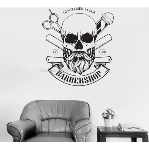 Hairdresser Barber Shop Wall Sticker Mens Barbershop Vinyl Wall Decal Skull Pattern Store Window Interior Design Decor LL2481