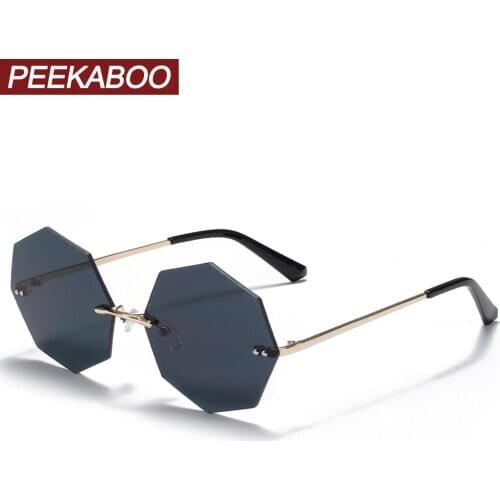 Peekaboo rimless octagon sunglasses women retro metal frameless polygon glasses for ladies green purple uv400 party gifts men