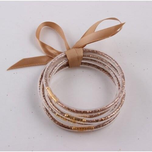 Light Brown Glitter Jelly Bangle Bracelet Set - Gold Powder Lining Fashion Jewelry - Lightweight Cute Bracelets for Women Girl