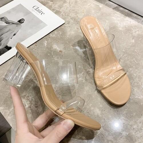 Summer High Heels Women Shoes Fashion Transparent Heels Sexy Hollow Breathable Slippers Square Toe Female Clear Heels Slides