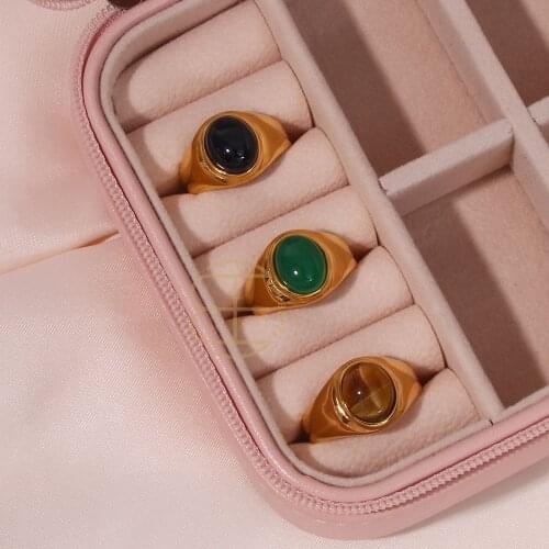 Gorgeous Colorfast Jewelry Natural Agates Golden Chunky Rings for Women Black Green Brown Gemstone Stainless Steel Men Ring Gift