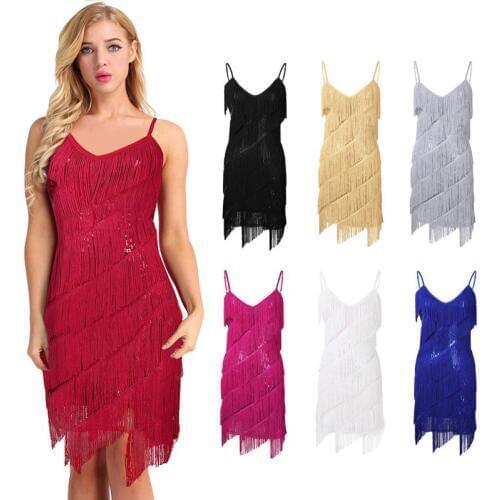 YiZYiF Women Latin Tango Dance Dress Sparkling Sequins Fringe Tassel Dance Party Dress Gowns Rhythm Ballroom Samba Rumba Dress