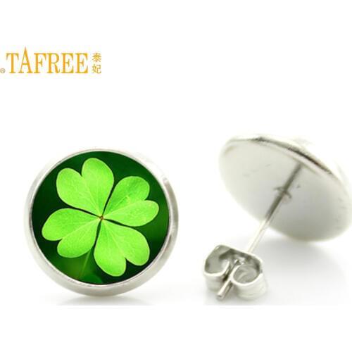 TAFREE fashion lucky Four Leaf Clover stud earrings women flower life tree nature plant art jewelry friends gift idea D910