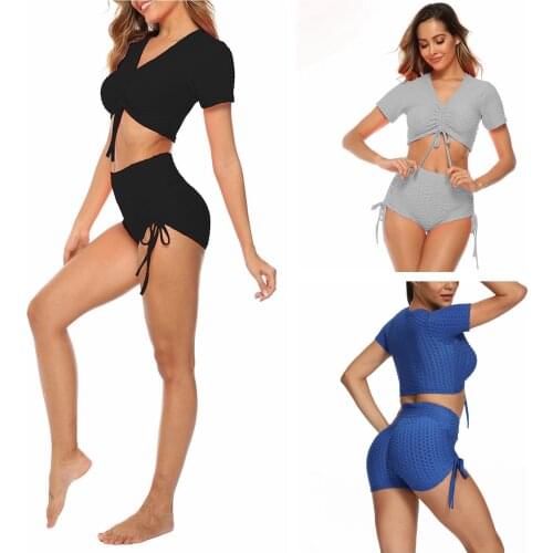 Women Yoga Crop Tops, Solid Color Honeycomb Bubble V Neck Short Sleeve Drawstring Tops