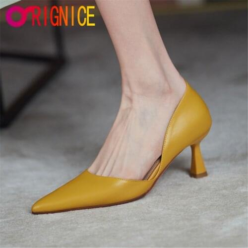 Orignice Fashion Pointed Toe Women Genuine Leather Pumps Slip On Thin Heels Solid Color Office Career Shoes Handmade For Ladies