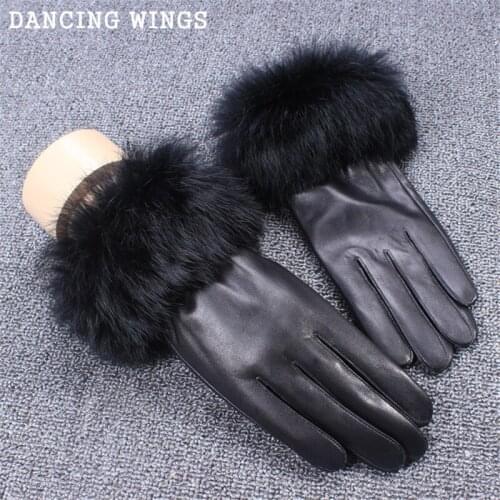 Genuine Sheepskin Womens Winter Rabbit Fur Gloves High Quality Warm Solid Guantes