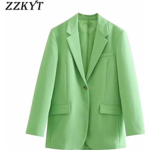ZZKYT 2021 Women Spring Fashion Solid Pockets Long Blazer Coat Vintage Notched Collar Long Sleeve Single Button Female Blazer