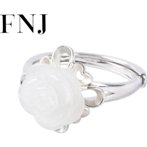 FNJ Hetian Jade Rose Flower Ring 925 Silver New Original S925 Sterling Silver Rings for Women Jewelry Adjustable size