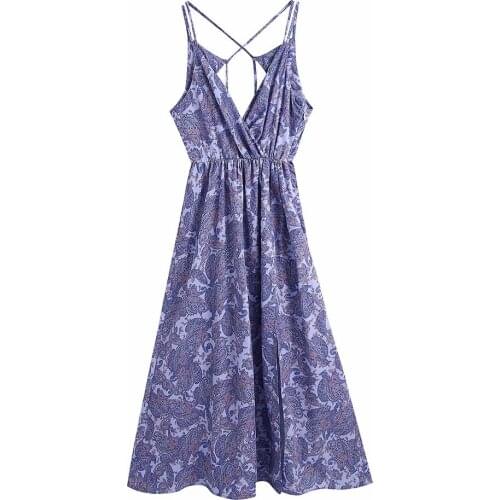 2021 Summer Women Print boho V Neck Sleeveless Spaghetti Strap Slim Midi Dress Female Vintage Dresses Ladies Hollow Out Dress