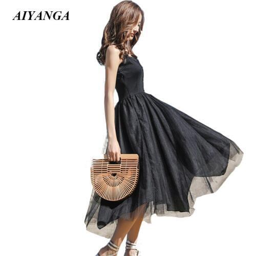 New 2019 Summer Dress For Women Sexy Beach Dresses Big Hem Ladies Sleeveless V Neck Spaghetti Strap Black Mesh Dress Female