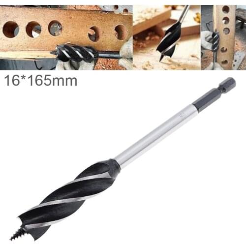 1pcs 16 x 165mm Four-slot Woodworking Drill Bit Hole Drilling Tool with Center Drill Head and 1/4'' Hex Shank for Woodworking