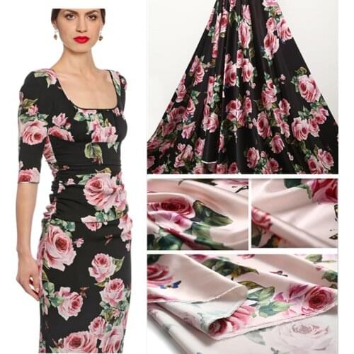 145cm*100cm spot european digital printing quality imitation silk rose stretch satin fabric sewing designer fabric for dress