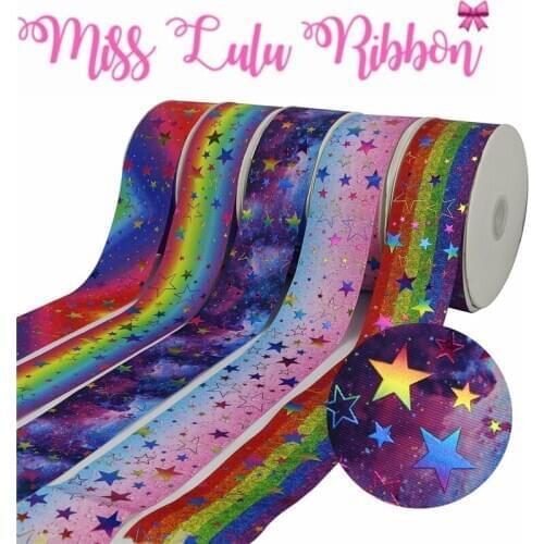 3"75mm Shiny Star Rainbow Foil Gradient Color Galaxy Printed Grosgrain Ribbon DIY Birthday Party Decor Hairbow 50yards/roll