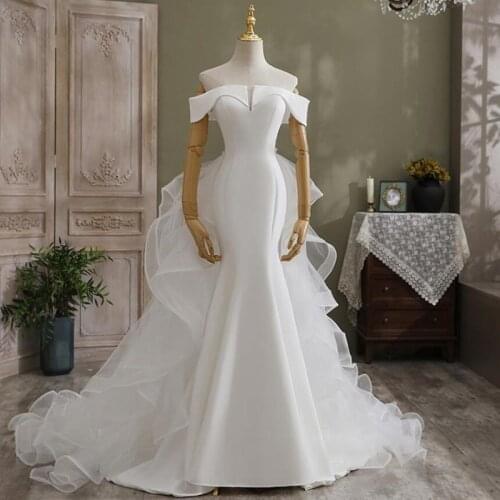 Off Shoulder Satin Short Sleeve Detachable Train Mermaid Satin Wedding Dress Bride Gown Vestidos De Novia