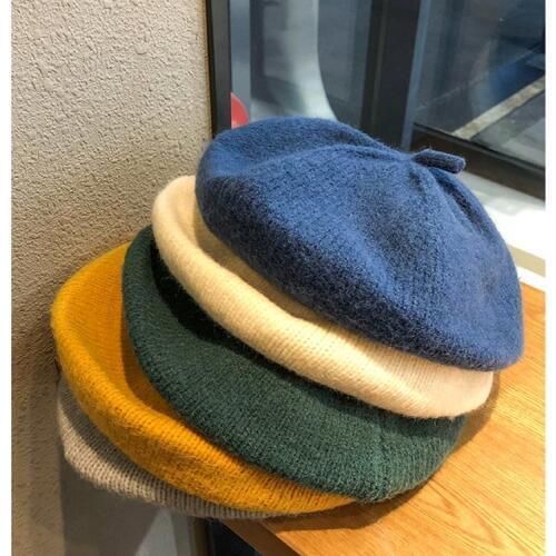2020 Womens Plain Color Knit Beret Hat Ladies French Artist Beanie Beret Hats Winter Spring Casual Acrylic Berets for Women