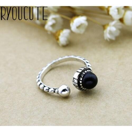 Bohemian Big Real Silver Color Black Round Rings for Women Jewelry Punk Vintage Antique Finger Engagement Ring Party Gift