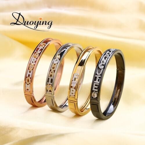 Duoying DIY Slider Charms Bangles Custom Name Bracelets Bangle Zircon Sliding Charm Bangles Personalized Name Letter Bangles