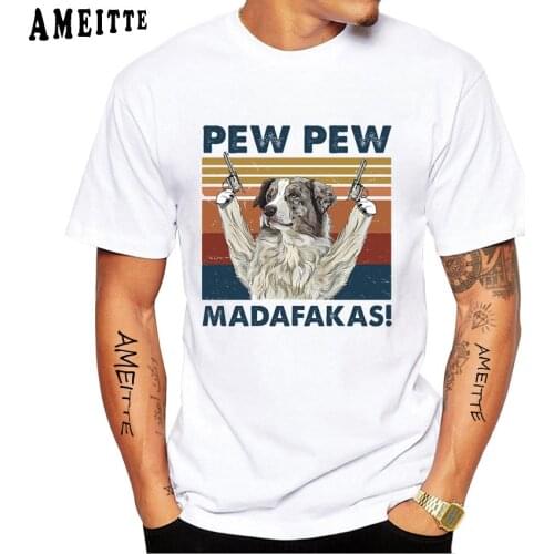 New Mens Short Sleeve Australian Shepherd Pew Pew Classic T-Shirt A Collect Dog Pet Design Casual Tops Hip Hop Boy White Tee